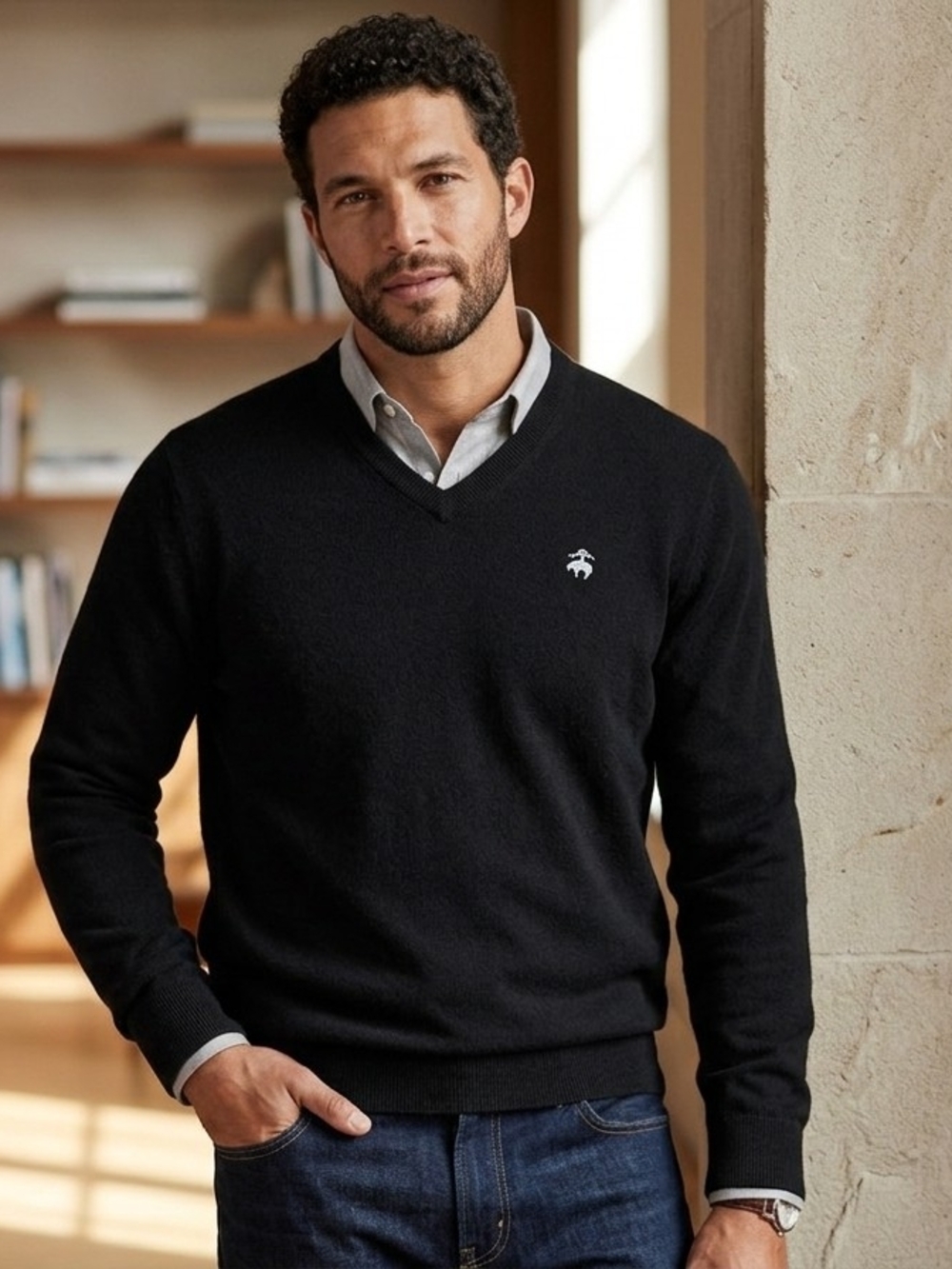 Brooks Brothers Black V-Neck Sweater with White Logo Emblem